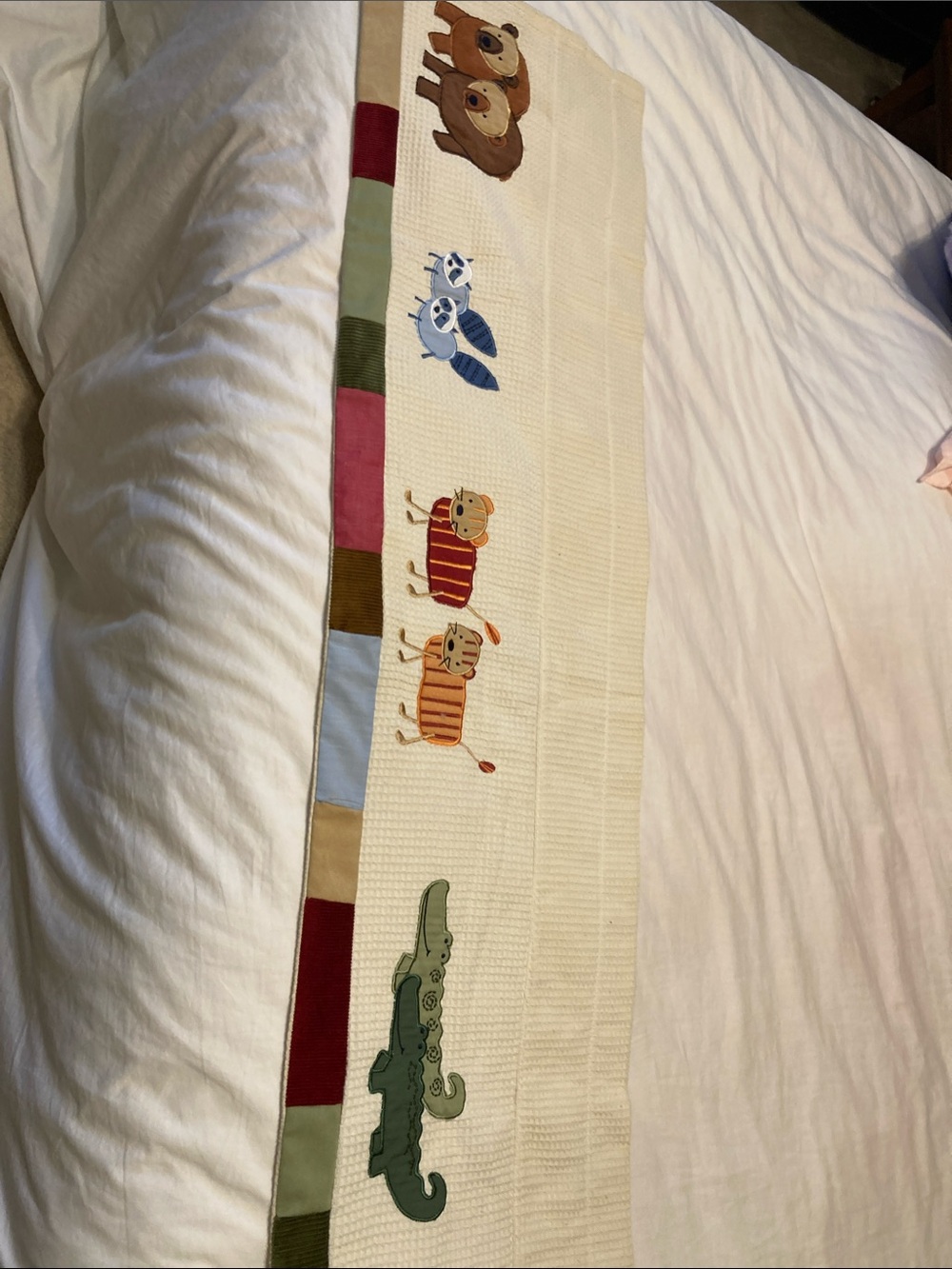 One Embroidered Striped Lion Nursery Valence Panel in Cream, Red, Orange